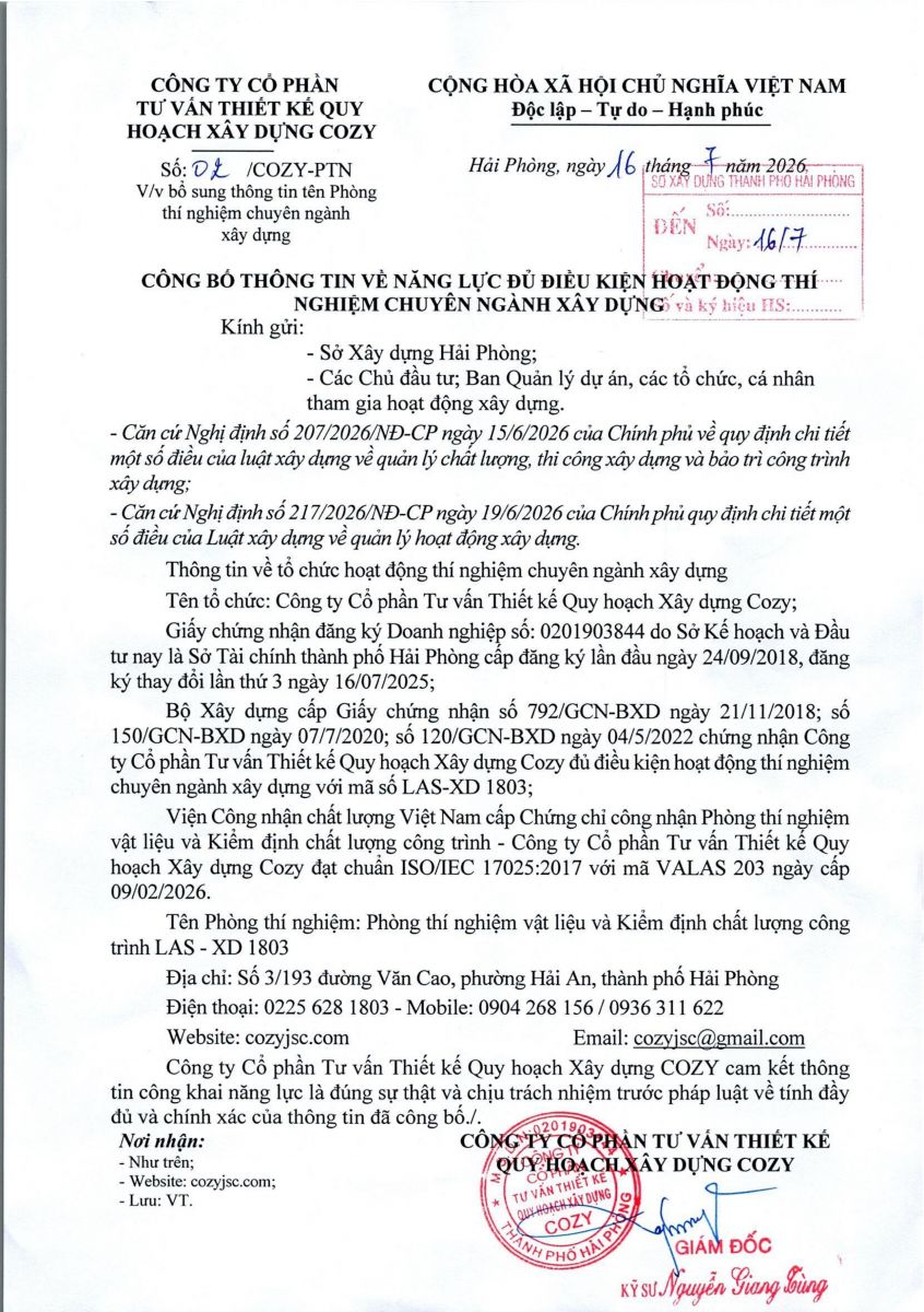 Bổ sung thông tin tên Phòng thí nghiệm chuyên ngành xây dựng